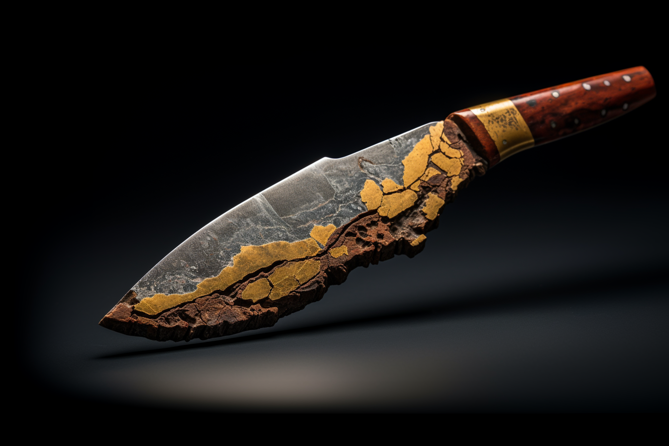 Midjourney 5.2: an old, blunt and rusty knife. Kintsugi. --ar 3:2