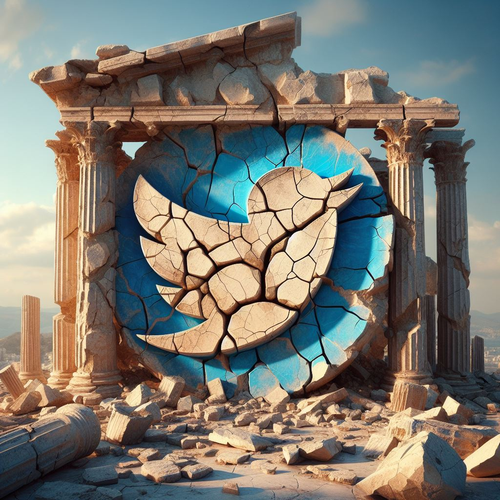 A decayed Twitter logo with cracks in the crumbled Agora of Athens. DALLE-3